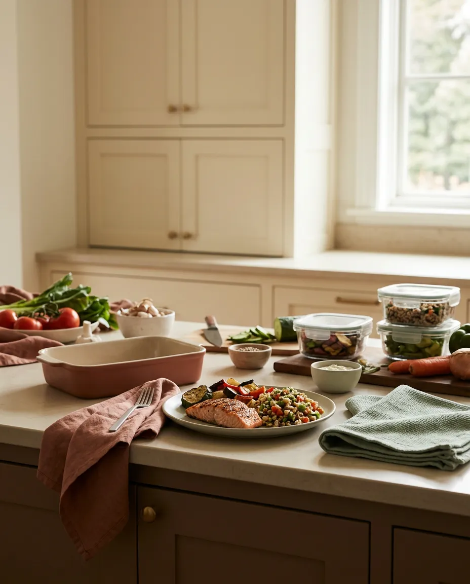 Warm naturally lit residential kitchen with fresh seasonal culinary ingredients