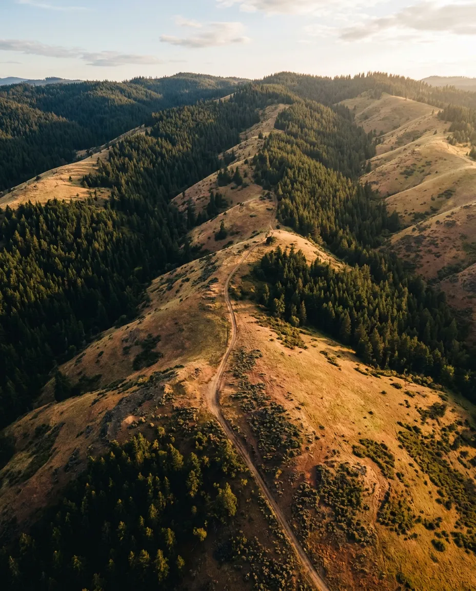 Scenic aerial view of open rolling rural acreage and tranquil timberland