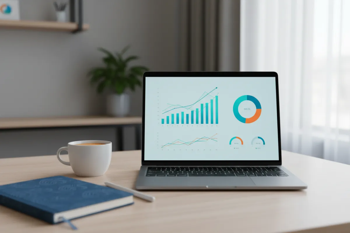 A digital dashboard on a laptop screen displaying marketing performance metrics, charts, and graphs. The workspace is organized, with a cup of coffee and branded blue notebook nearby. The scene conveys clarity, professionalism, and a focus on measurable results.