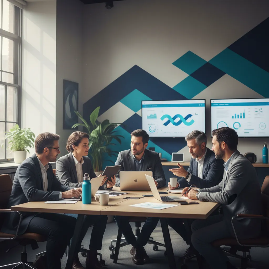 A diverse team of marketing professionals gathered around a table, collaborating on a project. The workspace features natural light, modern decor, and visible branding elements in blue and teal. Each team member is actively engaged, sharing ideas and reviewing documents.