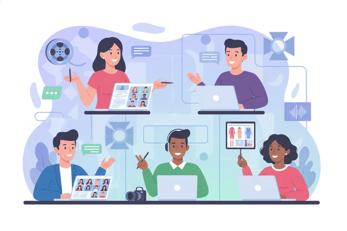 A group of theater and film professionals networking at a virtual event, each with laptops and creative tools visible. The scene is lively, with participants of different ages and backgrounds engaging in discussion. The background features digital elements. 3:2 aspect ratio.