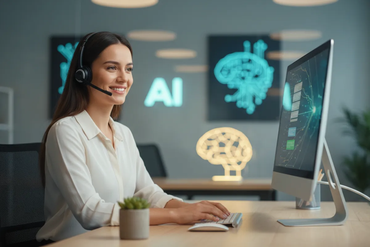 Un representante de atención al cliente amable está sentado en un escritorio con auriculares, sonriendo y listo para ayudar. El fondo presenta una decoración sutil con temática de IA y un ambiente de oficina acogedor. Relación de aspecto 3:2.