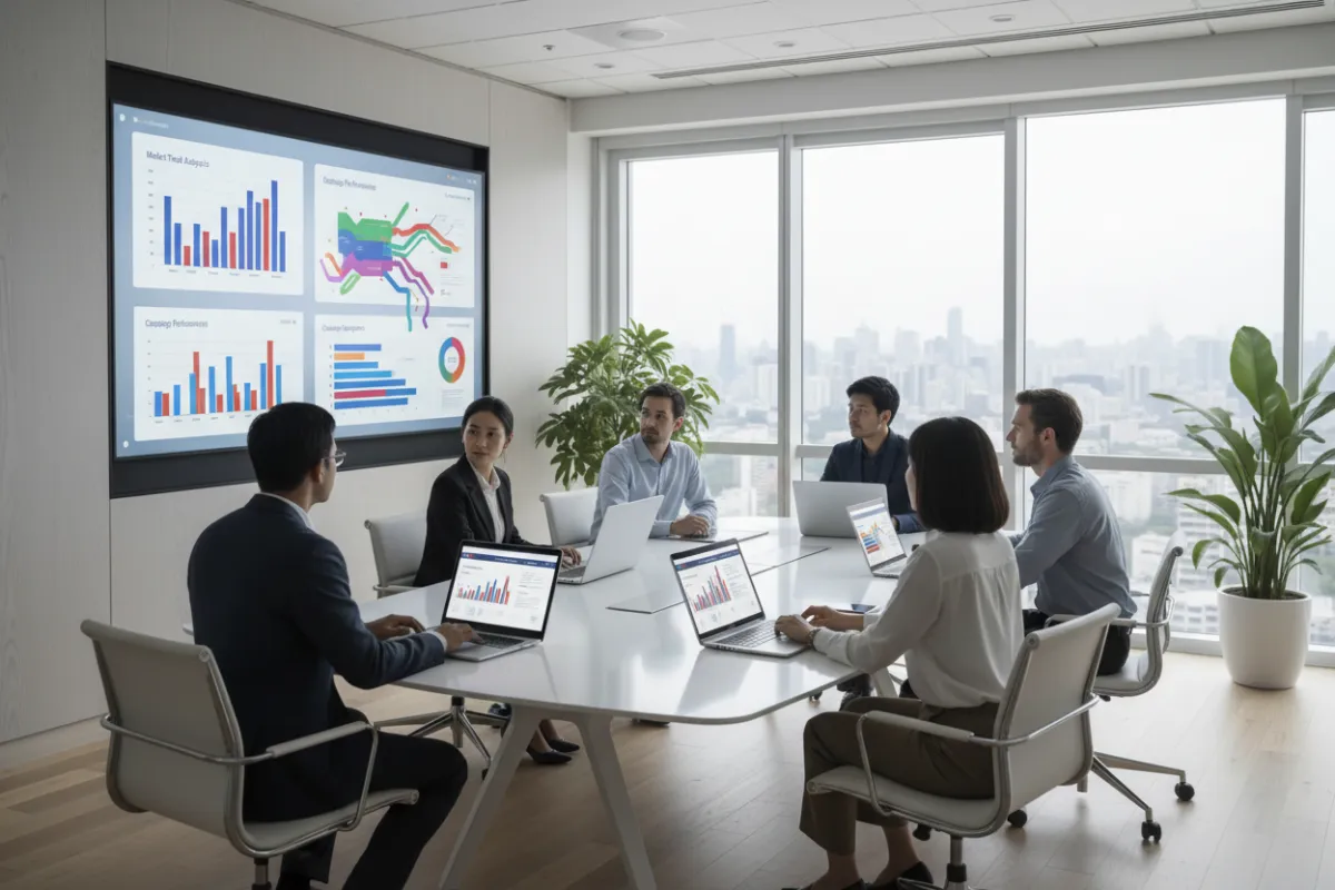 Un equipo diverso colabora alrededor de una mesa con laptops, revisando reportes de marketing generados por IA mostrados en una gran pantalla digital. La oficina es luminosa y moderna, con énfasis en el trabajo en equipo y la tecnología. Relación de aspecto 3:2.