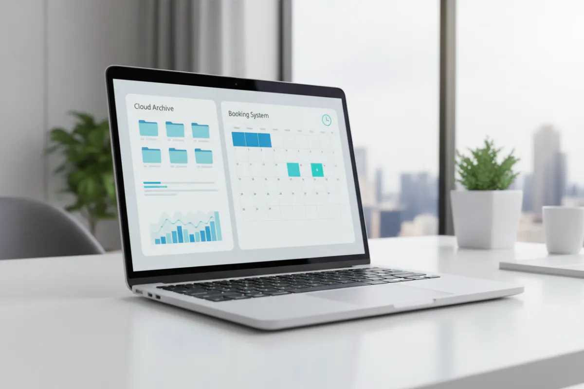 A modern, multi-pane dashboard interface showing cloud archive folders and a calendar booking system, with blue and teal accents, viewed on a laptop in a bright, professional office.