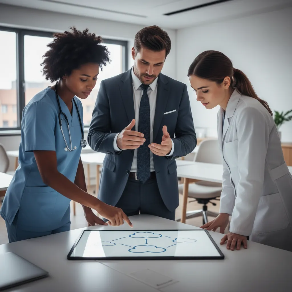 A diverse team of professionals—doctor, lawyer, and aesthetician—collaborating around a digital tablet displaying a cloud integration diagram, in a bright, modern workspace.
