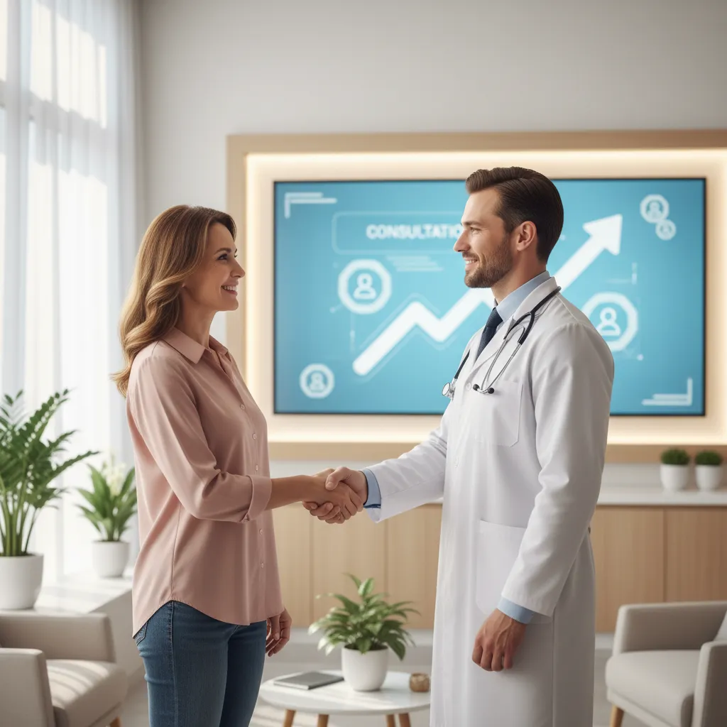 A smiling client shakes hands with a professional in a bright, modern clinic office, while a digital screen in the background displays a successful appointment confirmation.