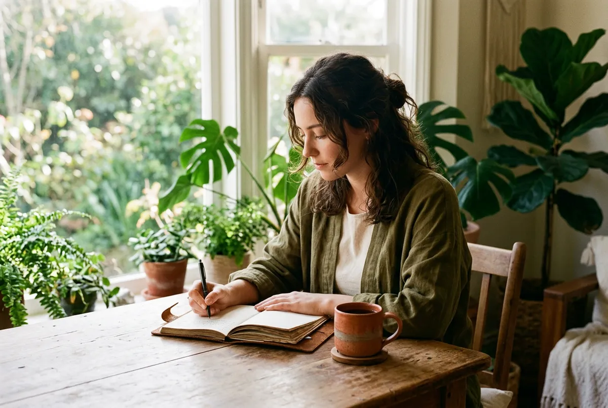 Person thoughtfully journaling at a quiet morning wooden table with warm coffee