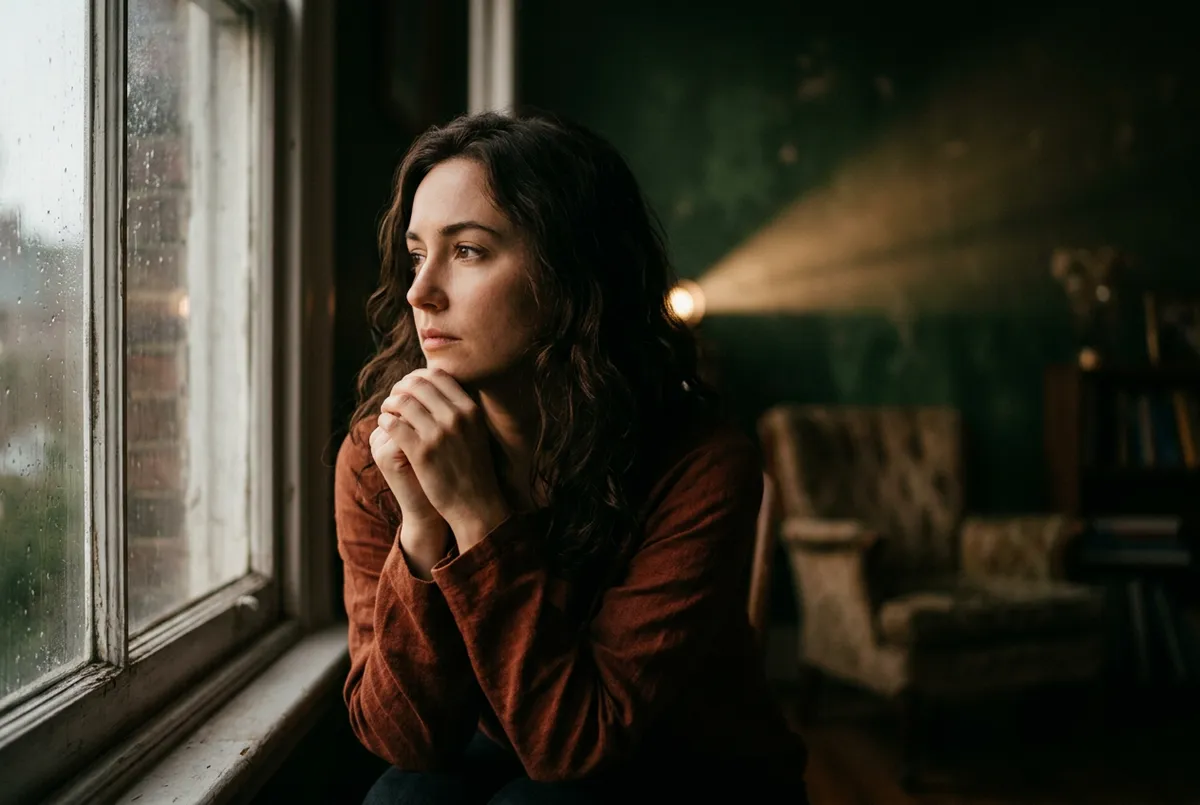 Warm artistic portrait of someone reflecting in soft evening window light