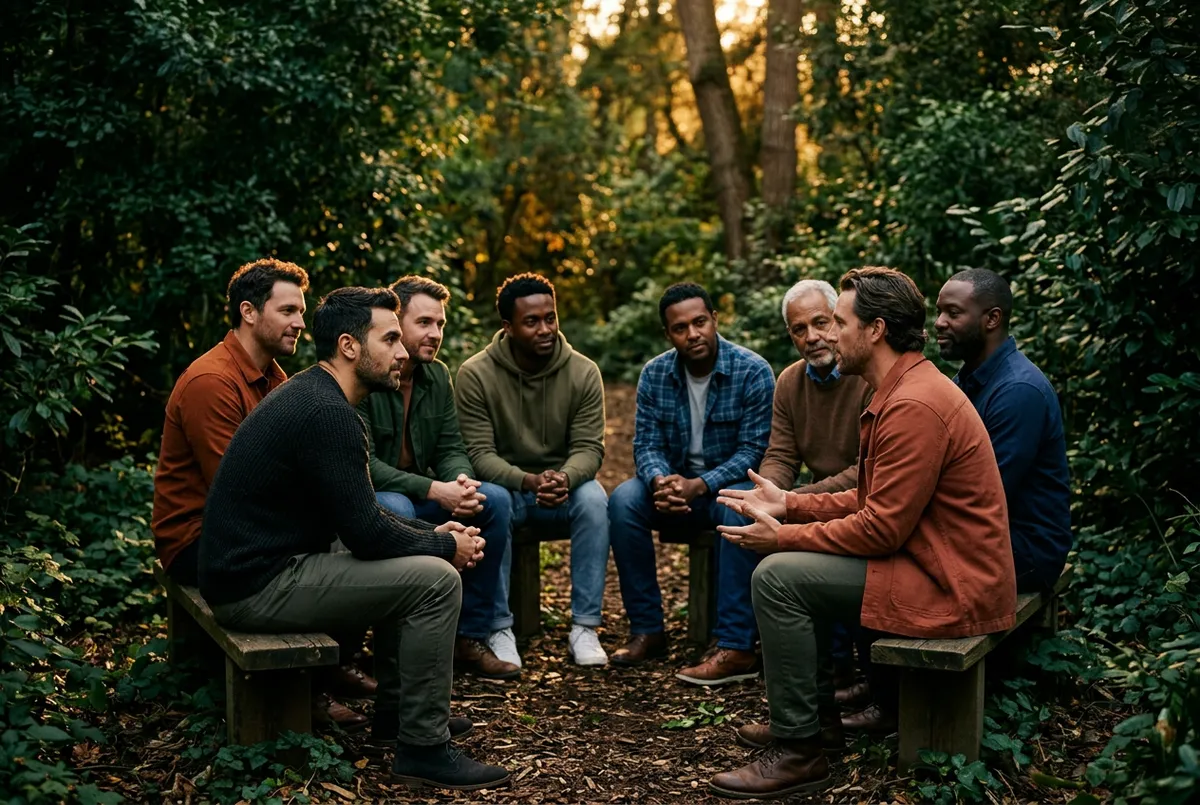 Men seated in supportive circle discussion outdoors with warm natural light
