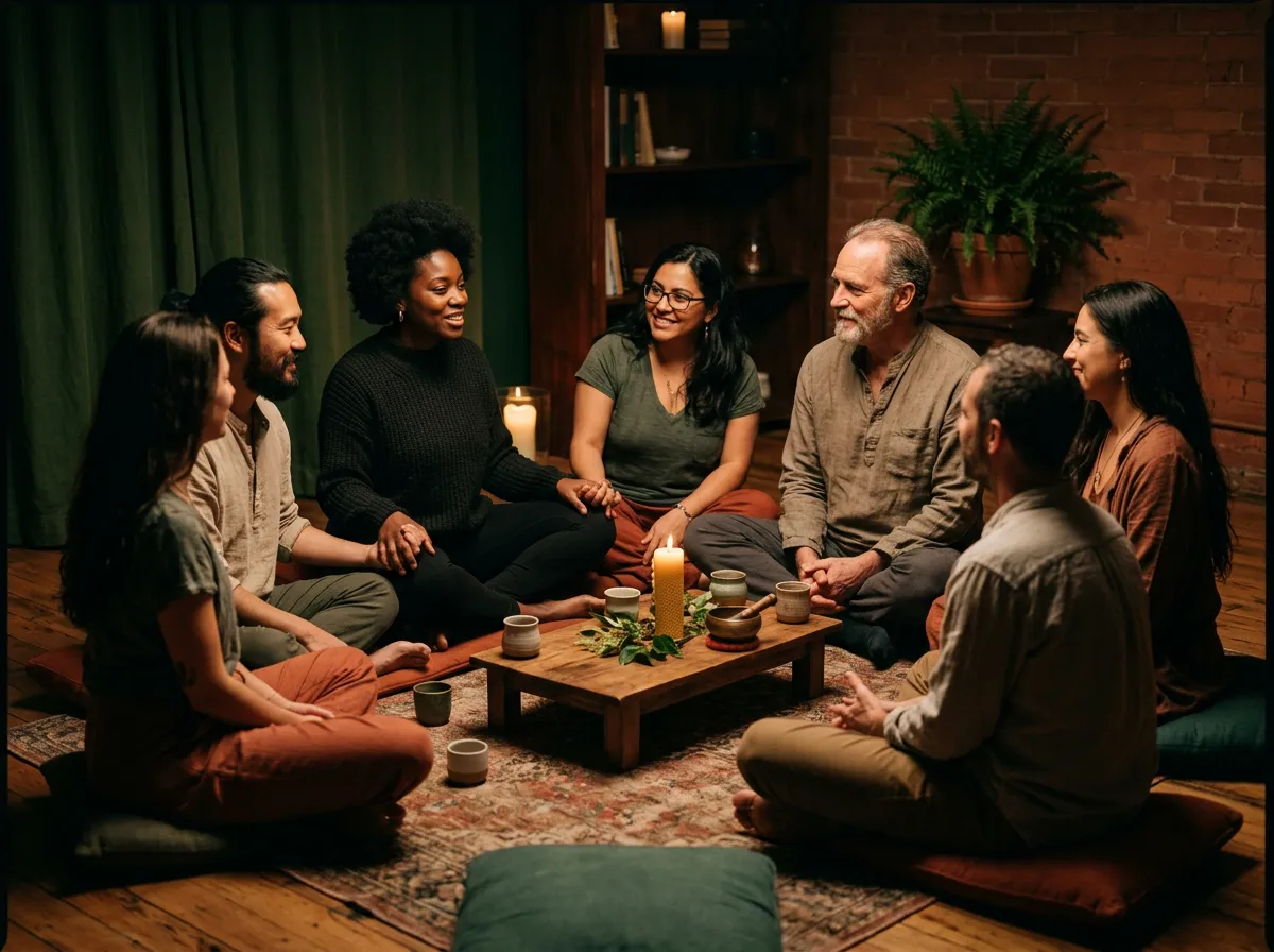 Group of diverse practitioners in a warm, contemplative communal circle