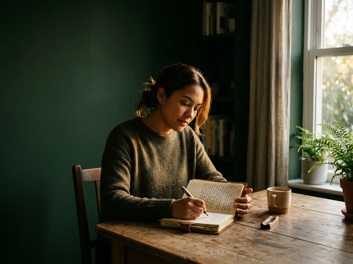 A mindful person journaling peacefully in natural sunlight during morning reflection