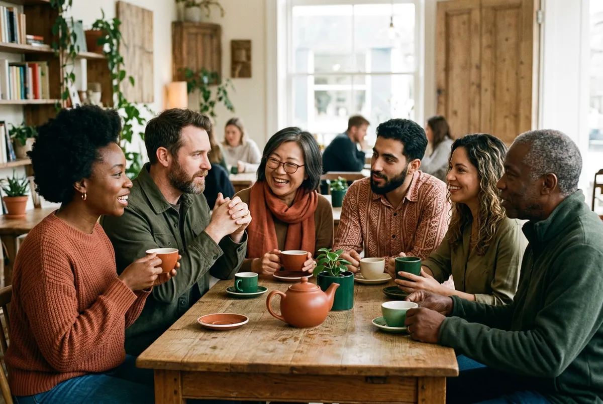 Diverse community members engaged in deep conversation over tea in a bright room