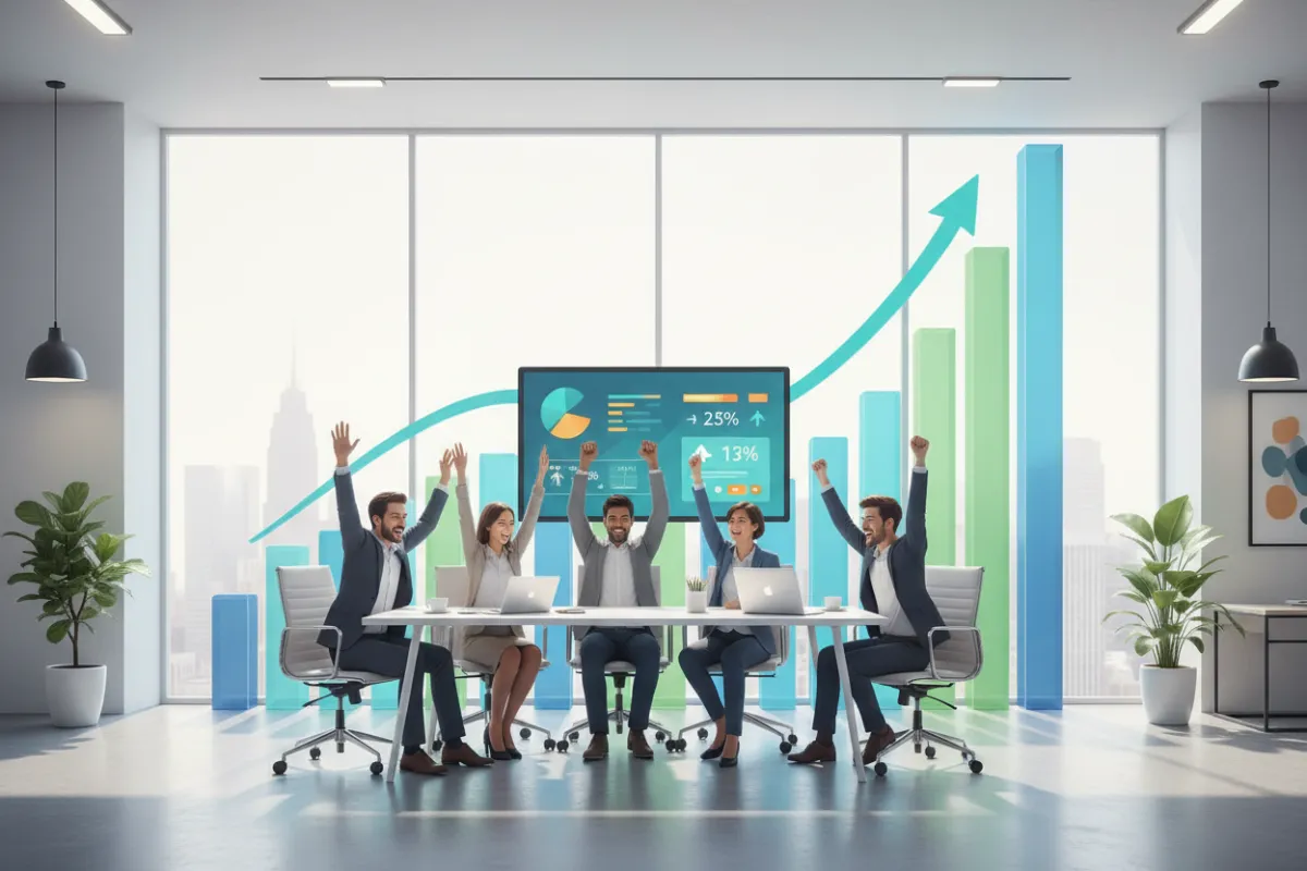 A graph showing upward business growth, with a small business team celebrating in a modern office. The scene includes digital devices displaying positive analytics, and the atmosphere is optimistic and collaborative.