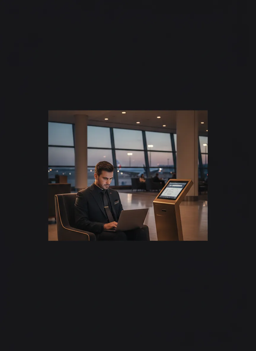 A professional checking in at a modern airport terminal.