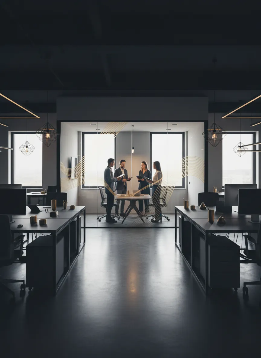 A modern, collaborative office environment with glass walls.