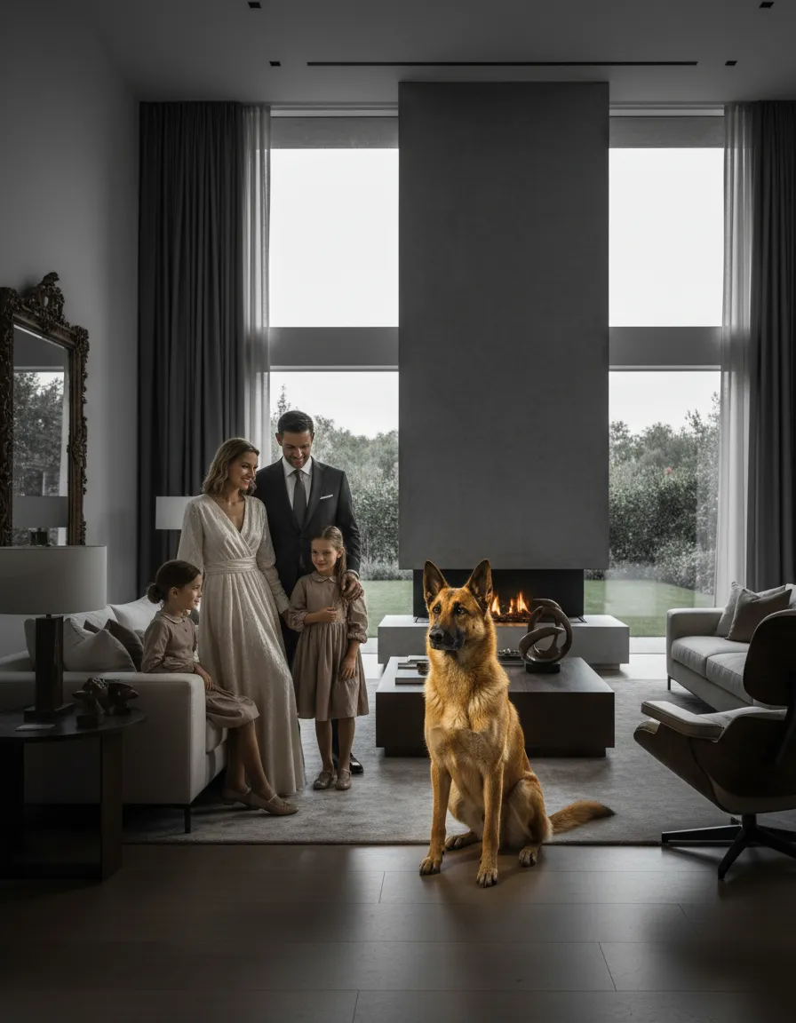 A photorealistic Dutch Shepherd protecting its family on a dark hero background