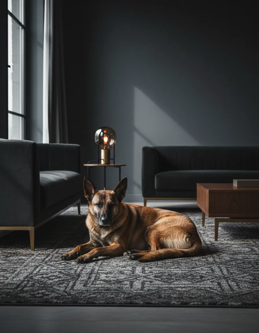 A highly trained Dutch Shepherd resting calmly inside a luxury estate, demonstrating seamless family integration.