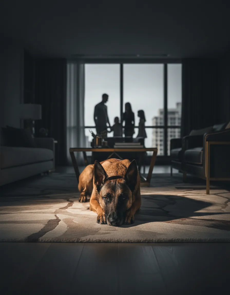 A Fully Finished executive protection dog calmly sitting alongside a family in a luxury environment.