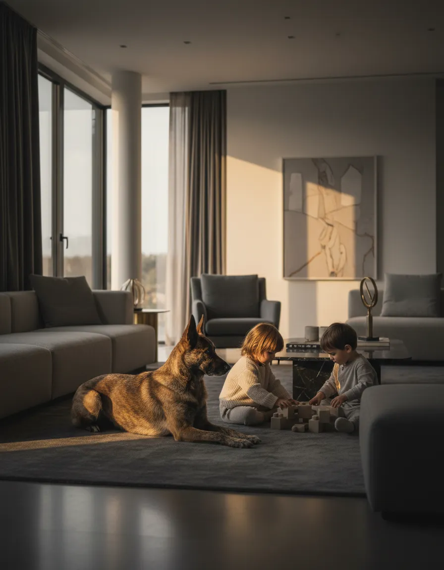 A Dutch Shepherd relaxing indoors calmly alongside children in a luxury home