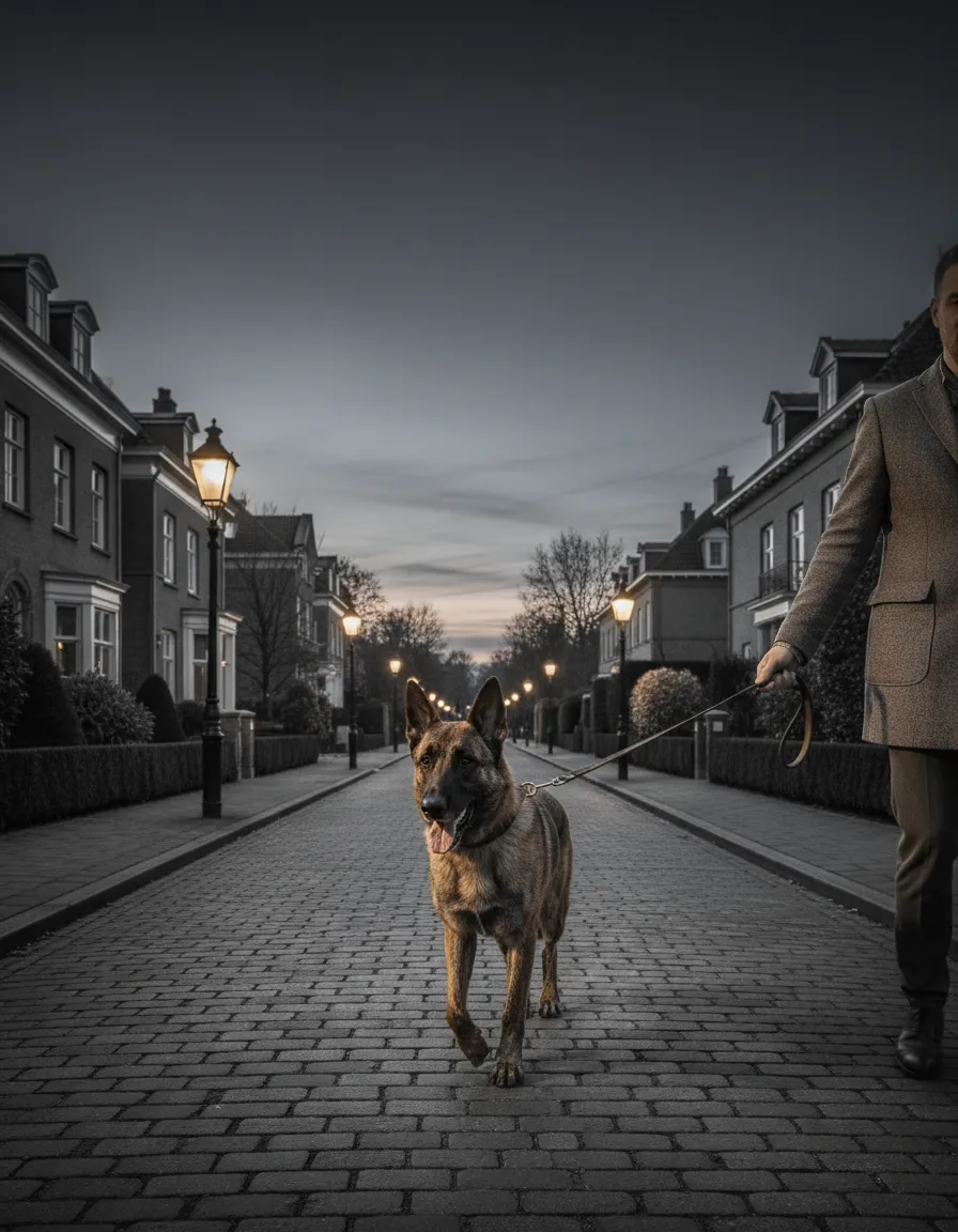 A Dutch Shepherd walking calmly on leash with owner in an upscale neighborhood