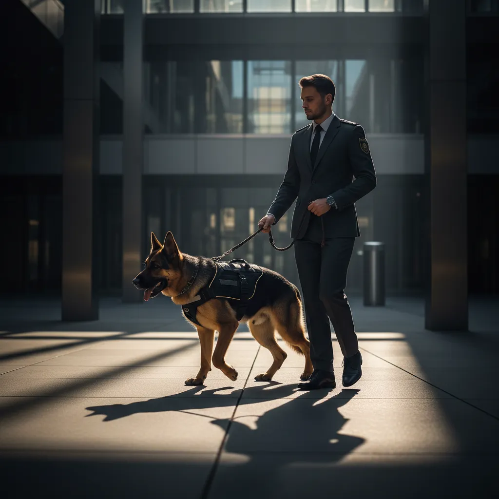 Security K9 with handler in a busy public environment