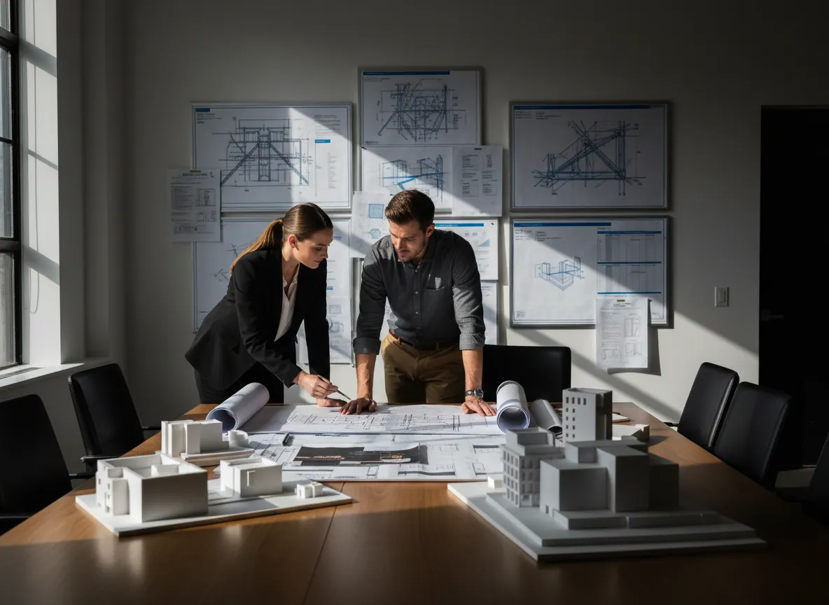 Architects and builders collaborating on design-build project