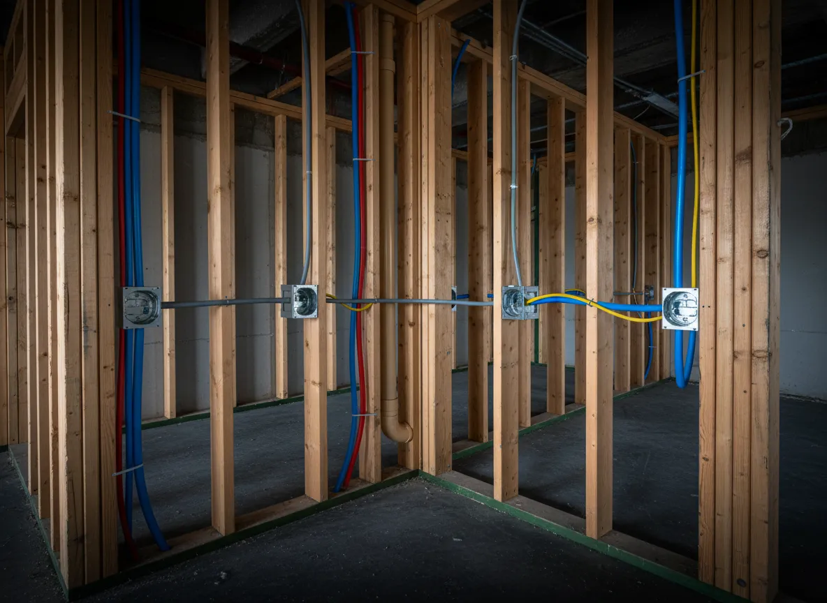 Electrician and plumber working on rough-in