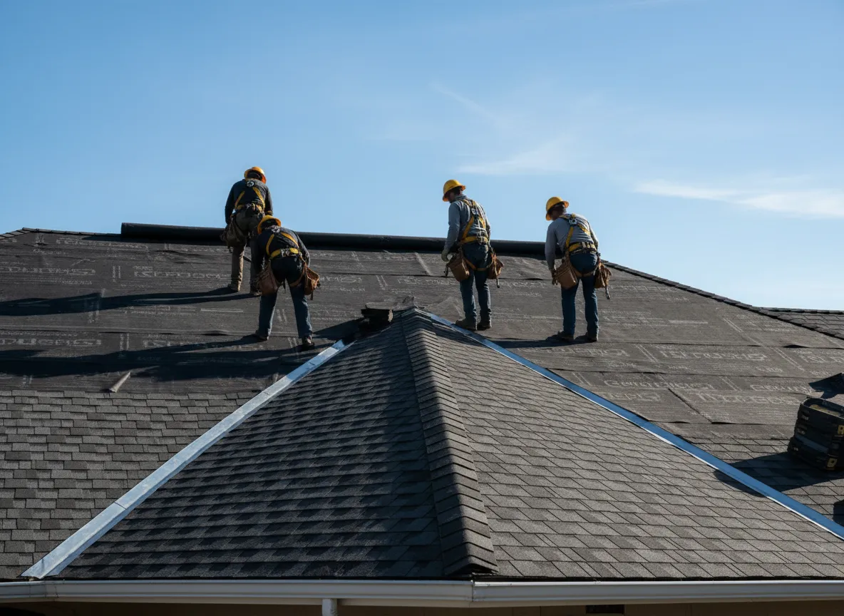 Roofing crew installing shingles on a house