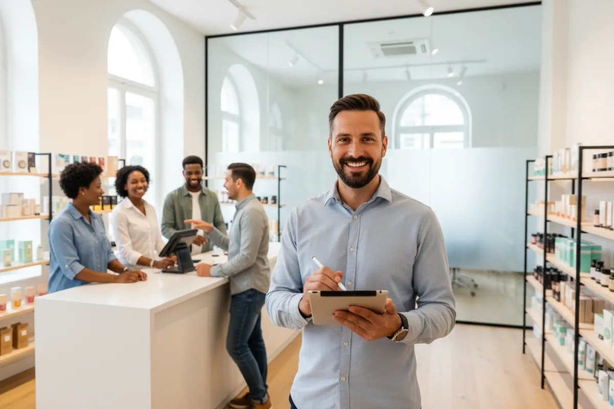 Ein glücklicher Unternehmer steht in einem modernen Ladenlokal und nutzt ein Tablet, während Kunden im Hintergrund bedient werden. Die Atmosphäre ist freundlich und geschäftig, mit klaren Linien und viel Tageslicht. Das Bild vermittelt Effizienz und Kundennähe durch digitale Tools.