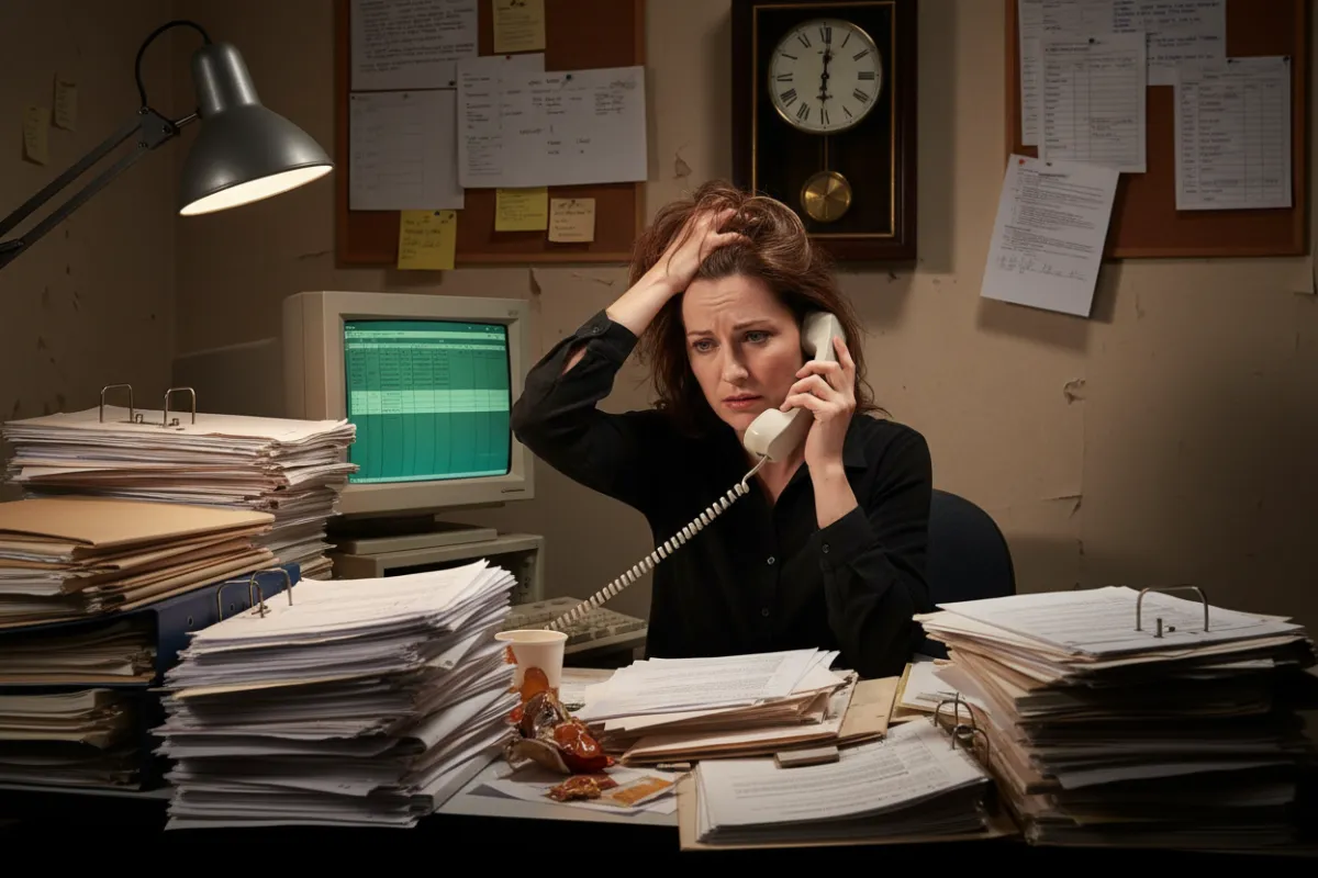 Eine gestresste Geschäftsinhaberin sitzt an einem überfüllten Schreibtisch mit Papierstapeln und Akten. Im Hintergrund sieht man einen veralteten Computer und eine analoge Uhr. Die Szene vermittelt Überforderung und Zeitdruck, typisch für kleine Unternehmen ohne digitale Unterstützung.