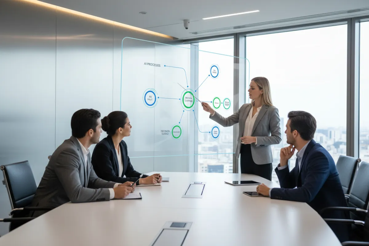Ein Berater erklärt einer kleinen Gruppe von Unternehmern eine grafische Darstellung von KI-Prozessen auf einem großen Bildschirm. Die Teilnehmer wirken interessiert und engagiert. Die Umgebung ist modern, hell und technisch ausgestattet, was den Fokus auf innovative Lösungen unterstreicht.