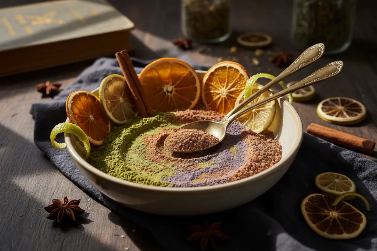 Close-up of a recipe bowl with powdered botanicals, spoons and citrus garnish, bright natural light and warm editorial composition for a 'how-to' story.