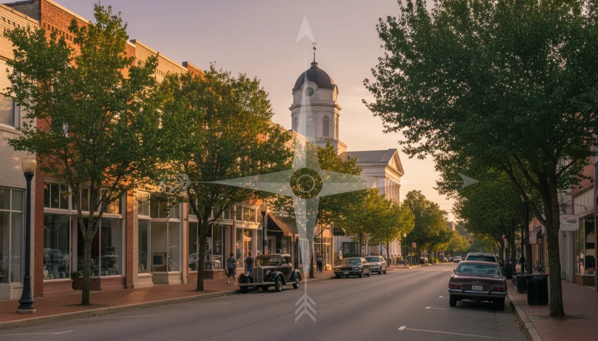 Downtown Lancaster South Carolina street scene with Matt Brady local mortgage lender highlighted