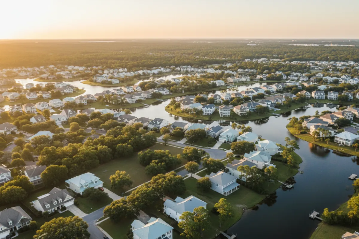 Aerial view of Horry County SC neighborhoods near Myrtle Beach and Conway with homes eligible for mortgages from Matt Brady