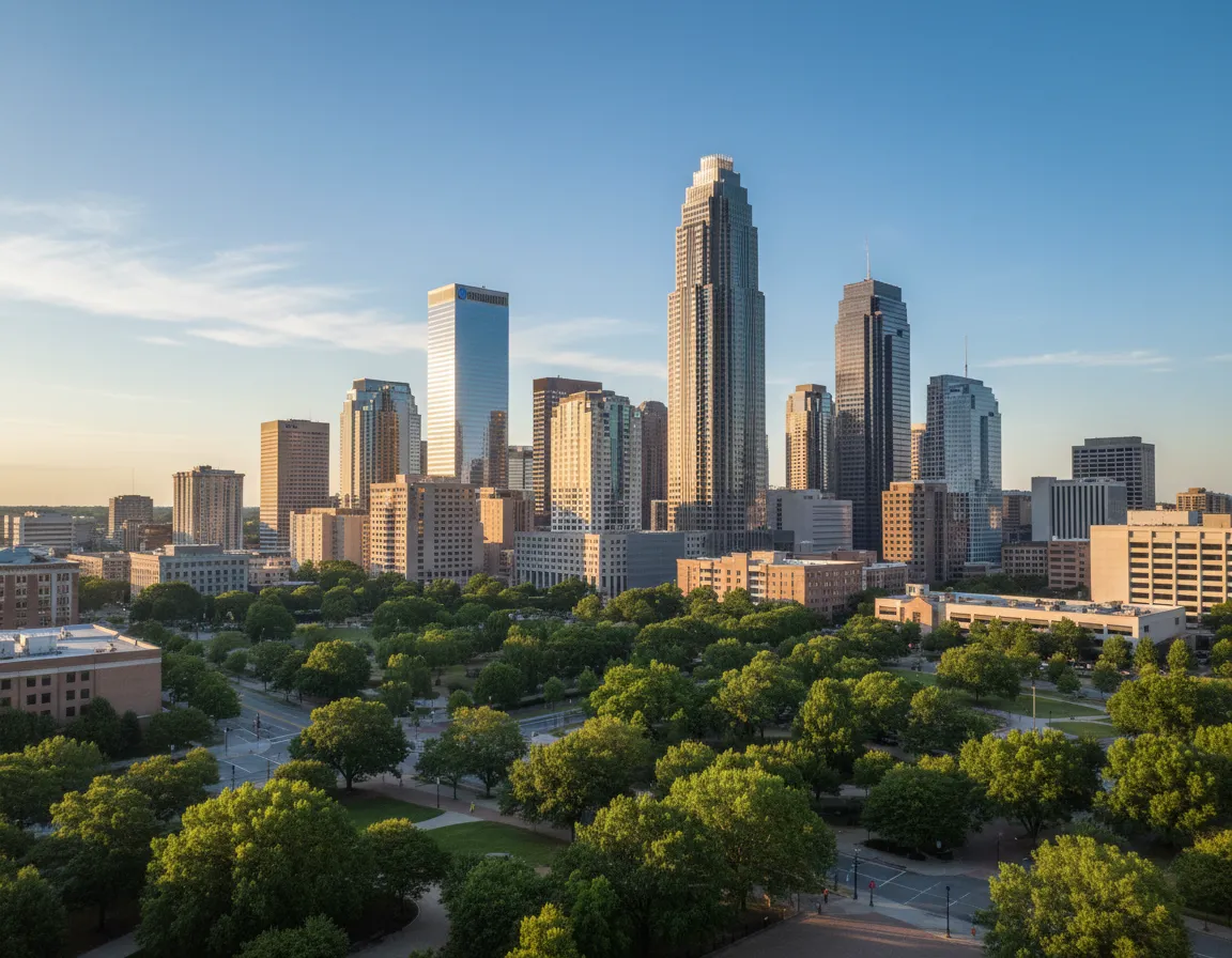 Skyline of Charlotte center near Romare Bearden Park with mortgage lender Matt Brady serving local homebuyers