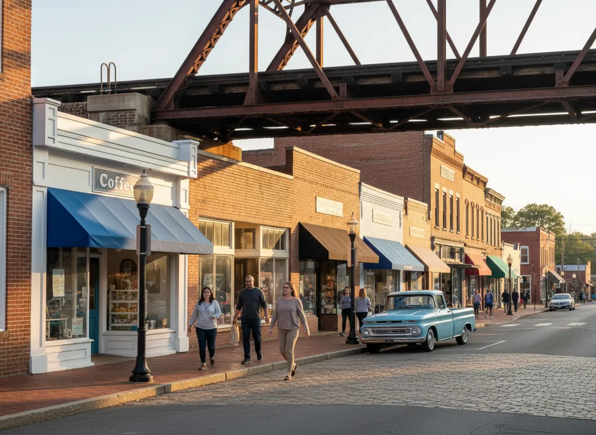 Downtown Waxhaw NC streetscape with local shops and railroad bridge, served by mortgage lender Matt Brady