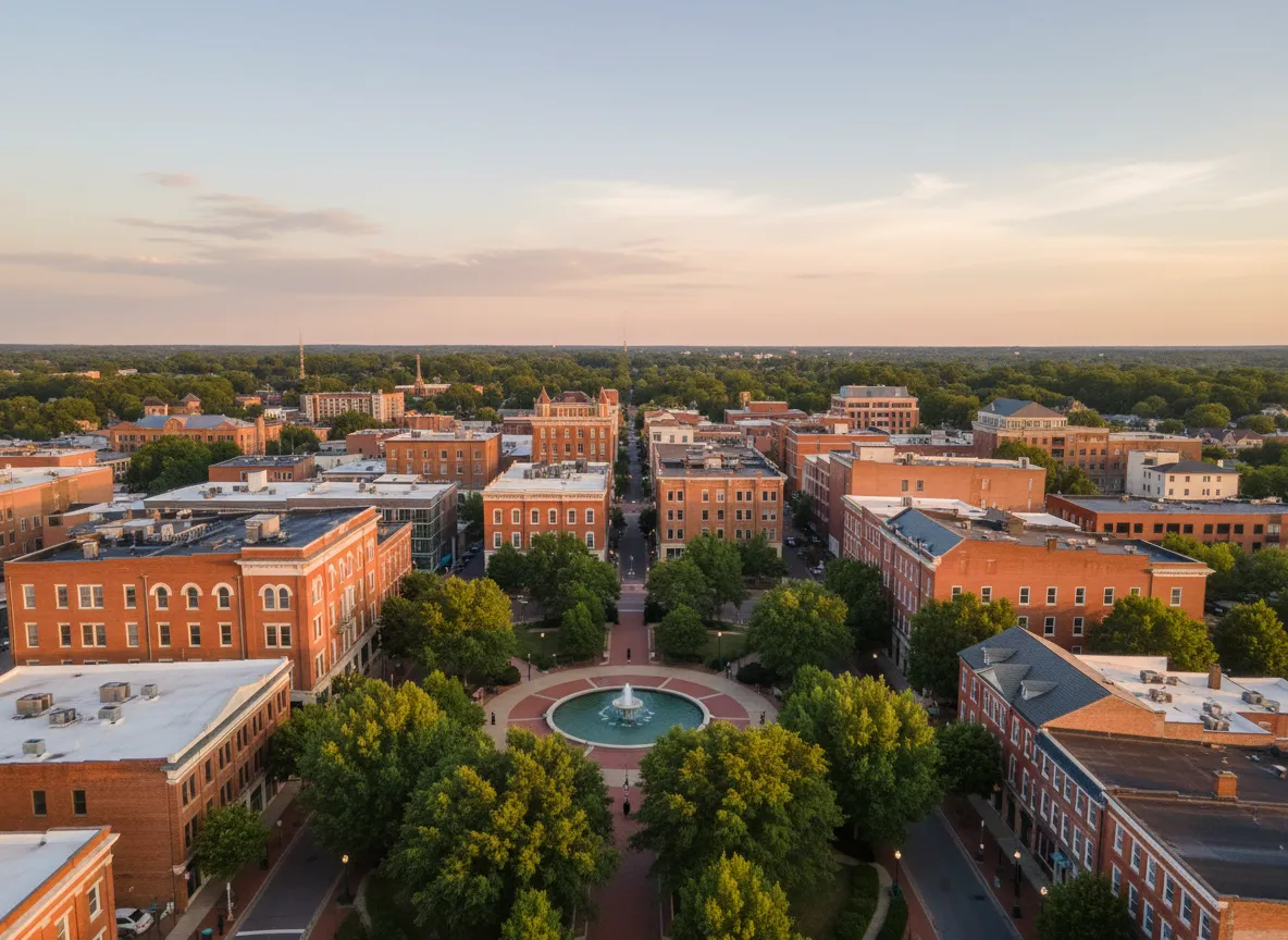 Aerial view of downtown Rock Hill SC near Fountain Park where Matt Brady serves local mortgage clients