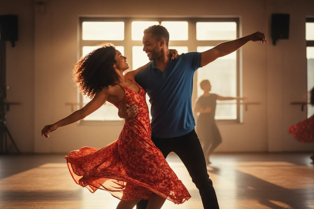 A joyful, diverse couple in their late 20s performing a dynamic Salsa move in a warmly lit studio, both smiling and mid-spin, with vibrant attire and energetic body language, capturing the excitement and connection of partner dance.