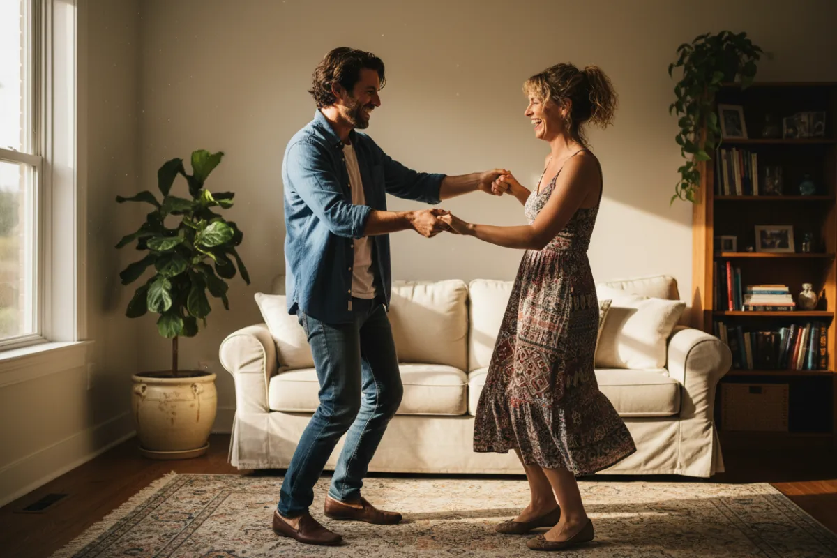 Two friends in their early 30s, one male and one female, laughing and practicing Salsa steps together in a cozy living room, casual attire, natural light, and a sense of camaraderie and encouragement.