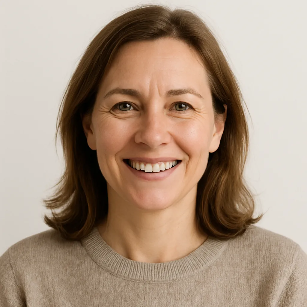 Head-and-shoulders portrait of a smiling middle-aged woman in natural light, neutral background, 1:1 composition.