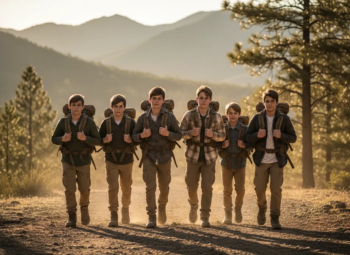 Forge boys on final expedition, carrying packs and returning to cheering families.