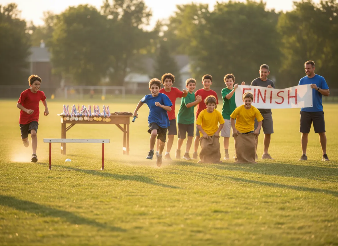 Boys competing and celebrating during Friday field day awards.