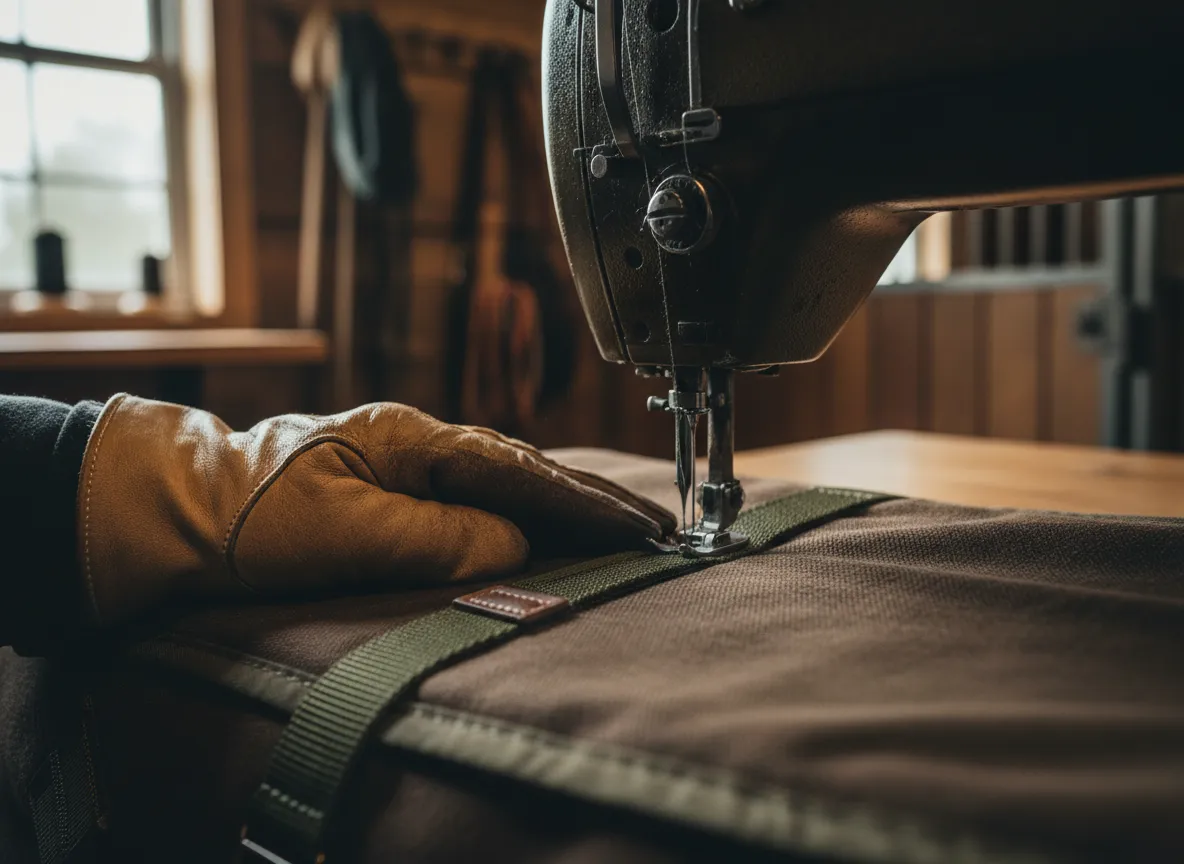 Macro view of heavy-duty webbing and strap repair on a horse blanket