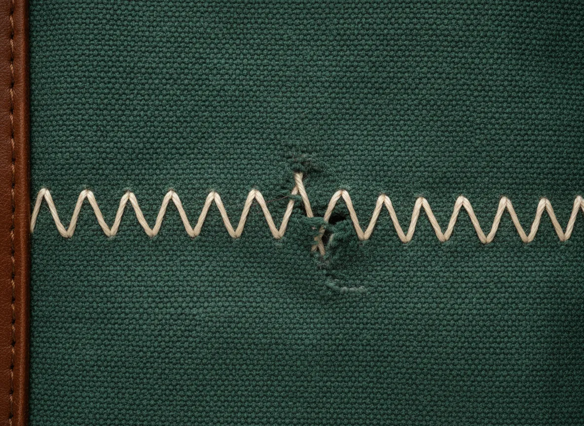 Industrial thread repairing a tear on heavy canvas blanket fabric