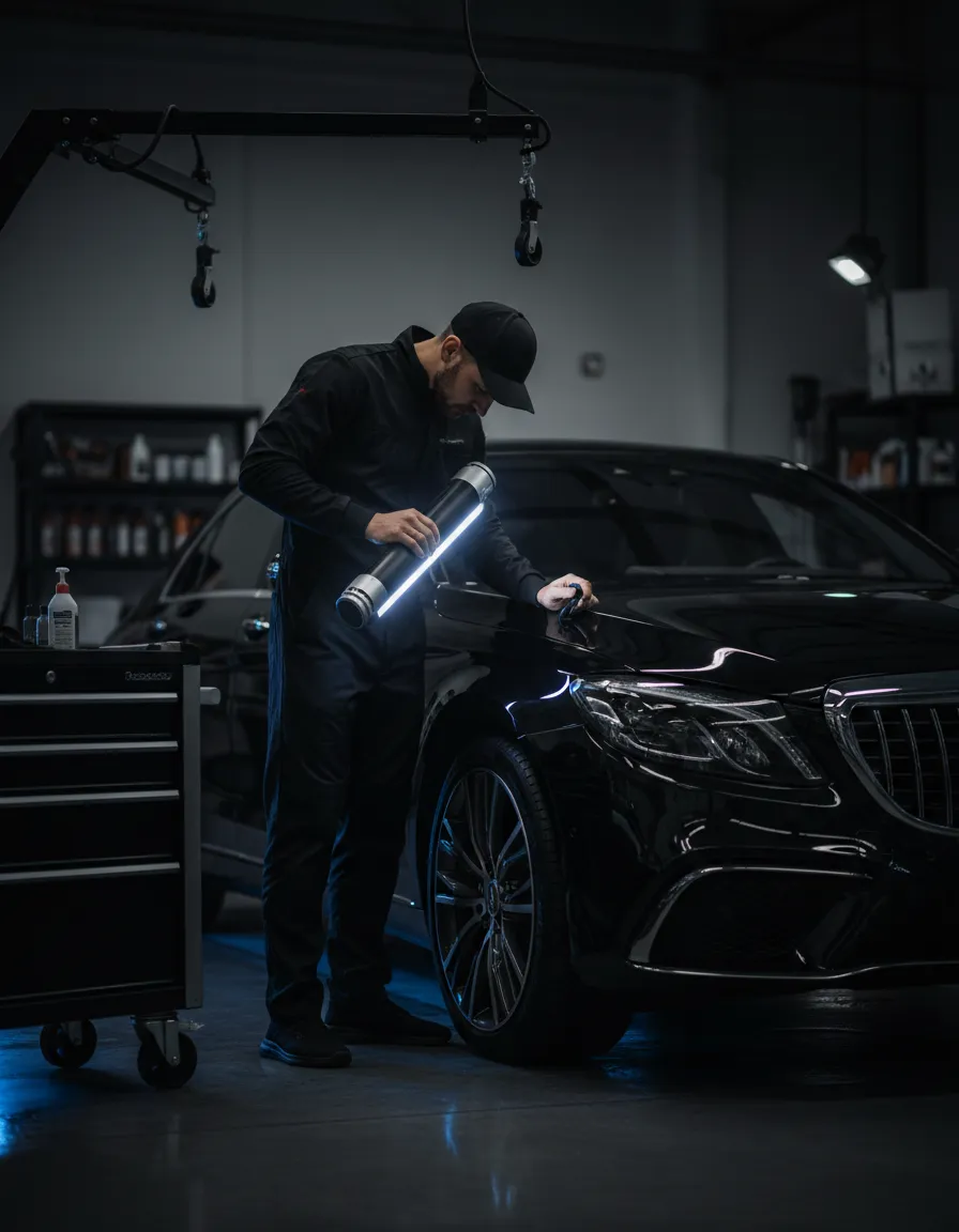 Professional auto detailer carefully inspecting paint on a luxury vehicle