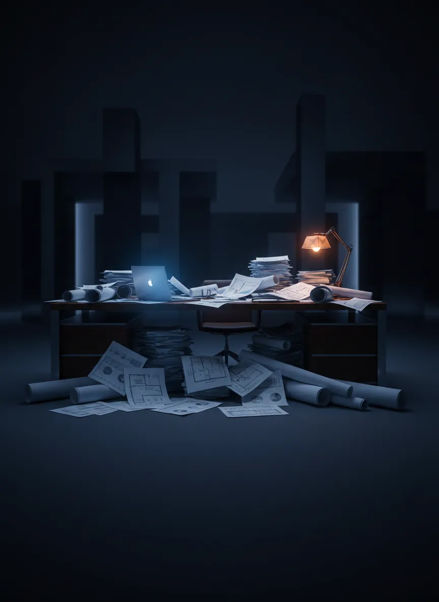 Overwhelmed modern desk with cluttered papers tinted in cool navy