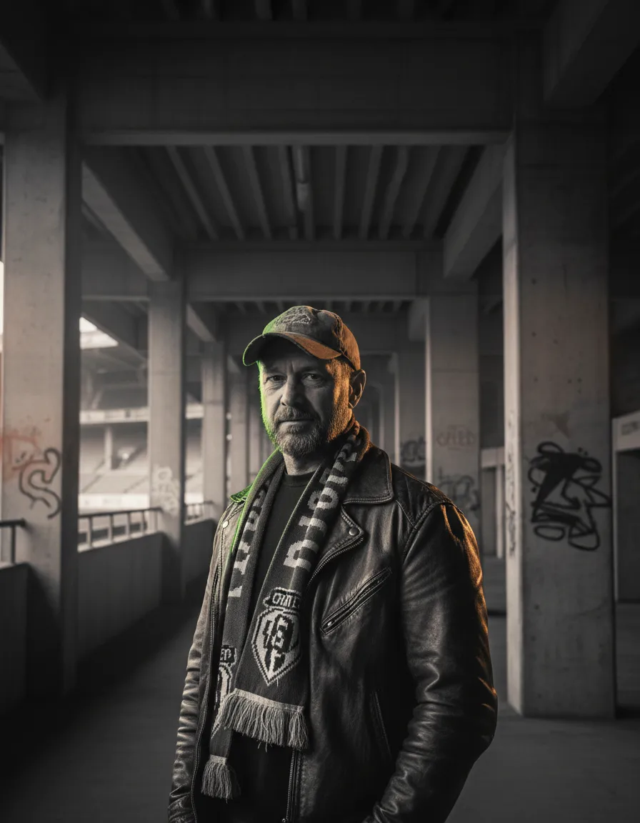 Gritty desaturated photo of a local fan leader in Seattle