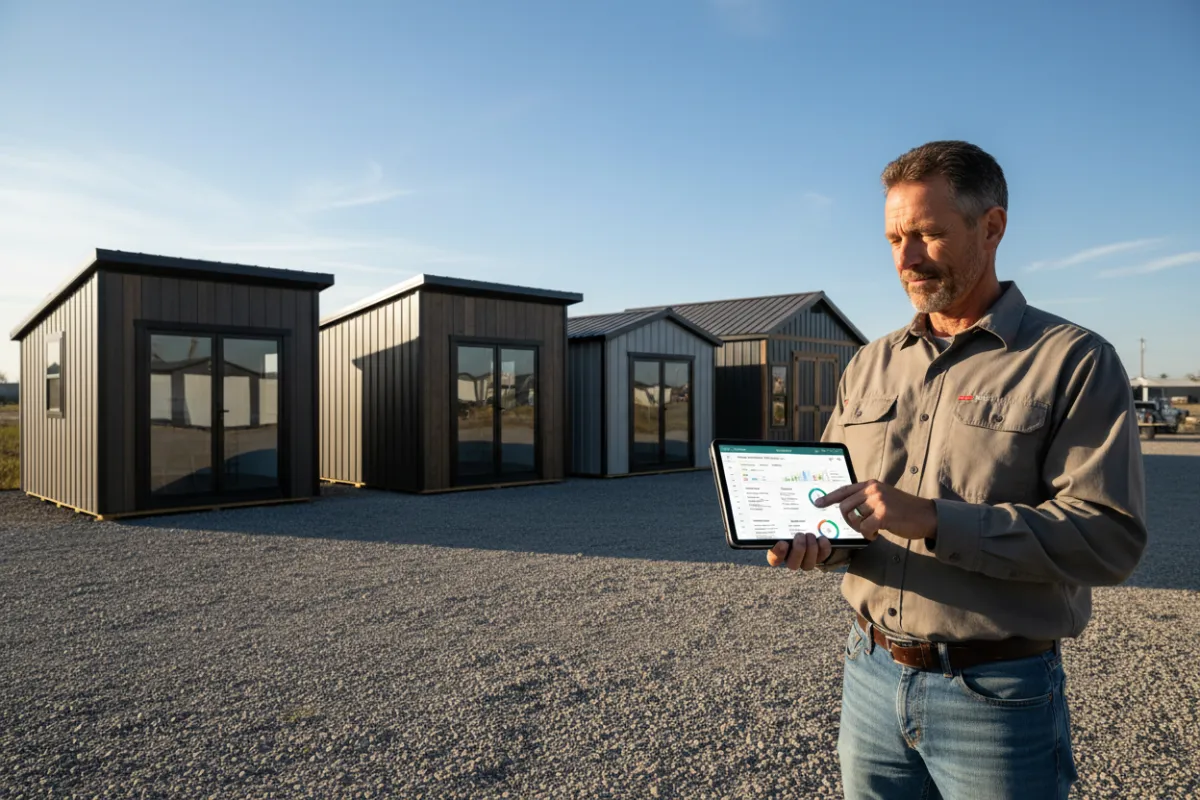 A diverse team of shed dealers gathered around a large table, reviewing a tablet with the Digital Shed CRM interface, surrounded by shed blueprints and coffee mugs, bright workspace, collaborative mood.