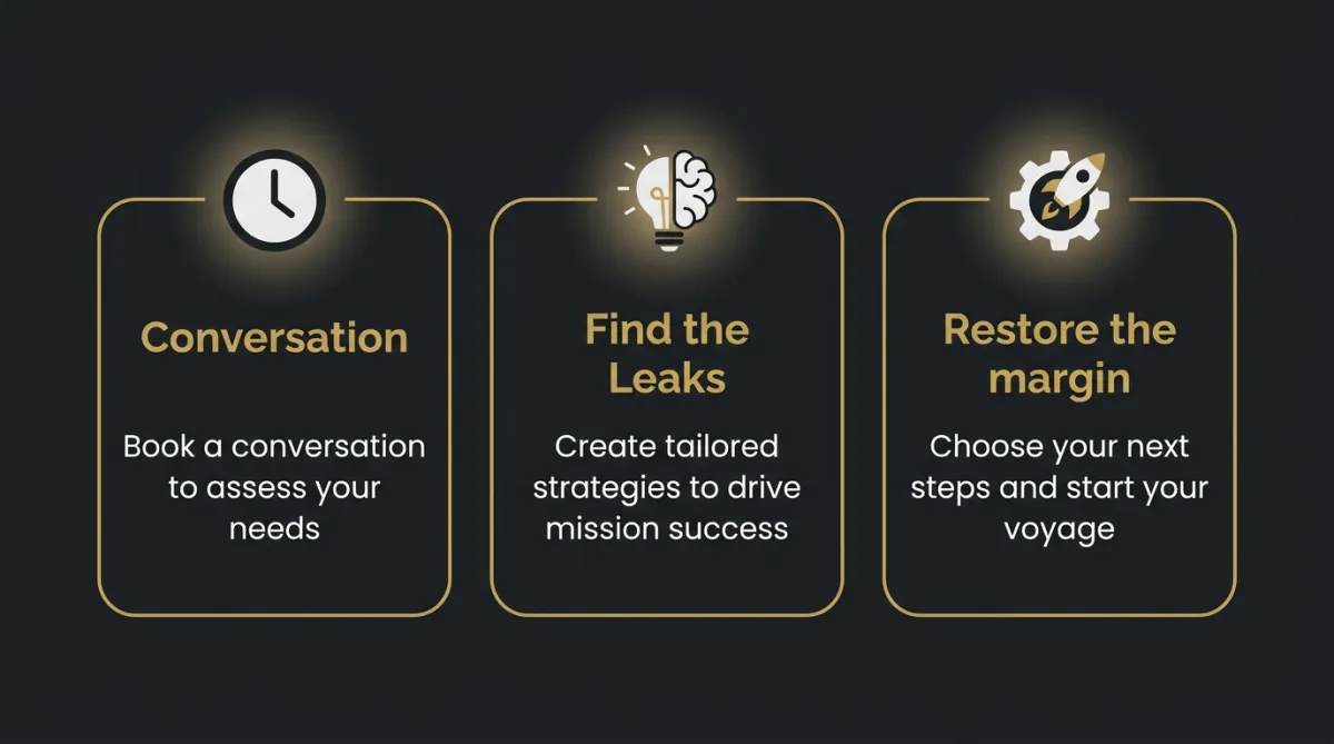 Three simple steps infographic: Conversation, Find the Leaks, Restore the margin.