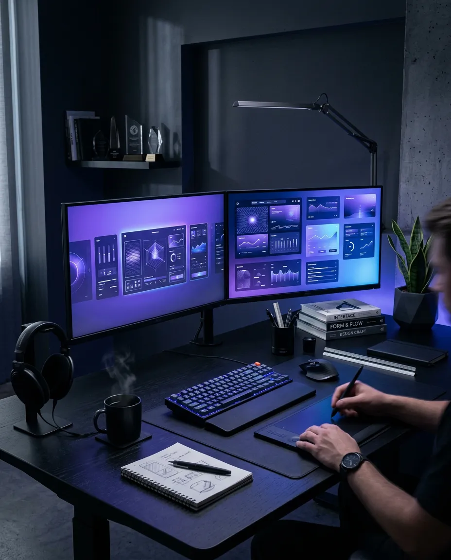 Aetheric Studio dark moody creative workspace with ambient monitors and precision design tools